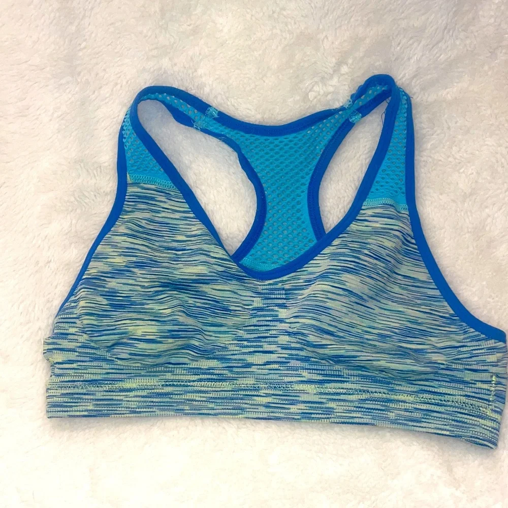 Justice Girls sports bras. 3 bras (1 unbranded). Green, gray, emojis Size L girl